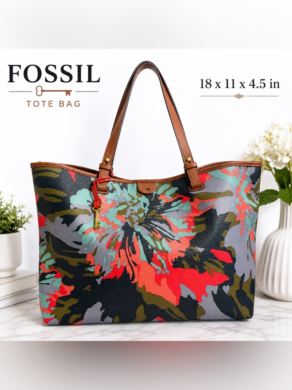 Fossil Floral Camo Printed Reversible Tote Bag Brown Trim Key Charm Large